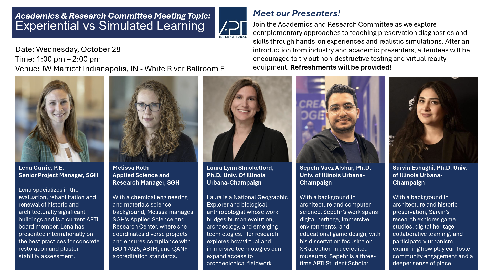 Event poster for Experiential vs Simulated Learning, featuring Lena Currie, Melissa Roth, Laura Shackelford, Sepehr Vaez Afshar, and Sarvin Eshaghi.