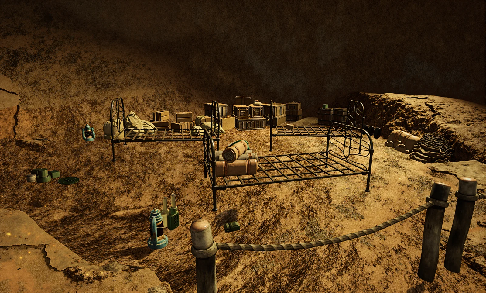 A roped-off area in the cave contains metal bed frames, crates, sacks, and lamps.