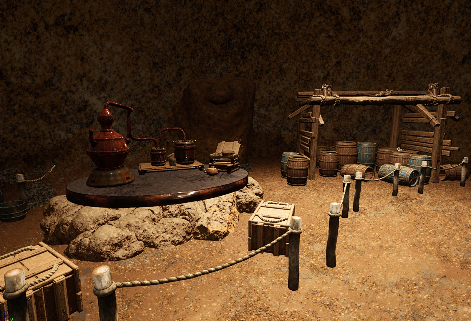 Roped displays contain pottery, barrels, crates, and a wooden frame against the cave wall.
