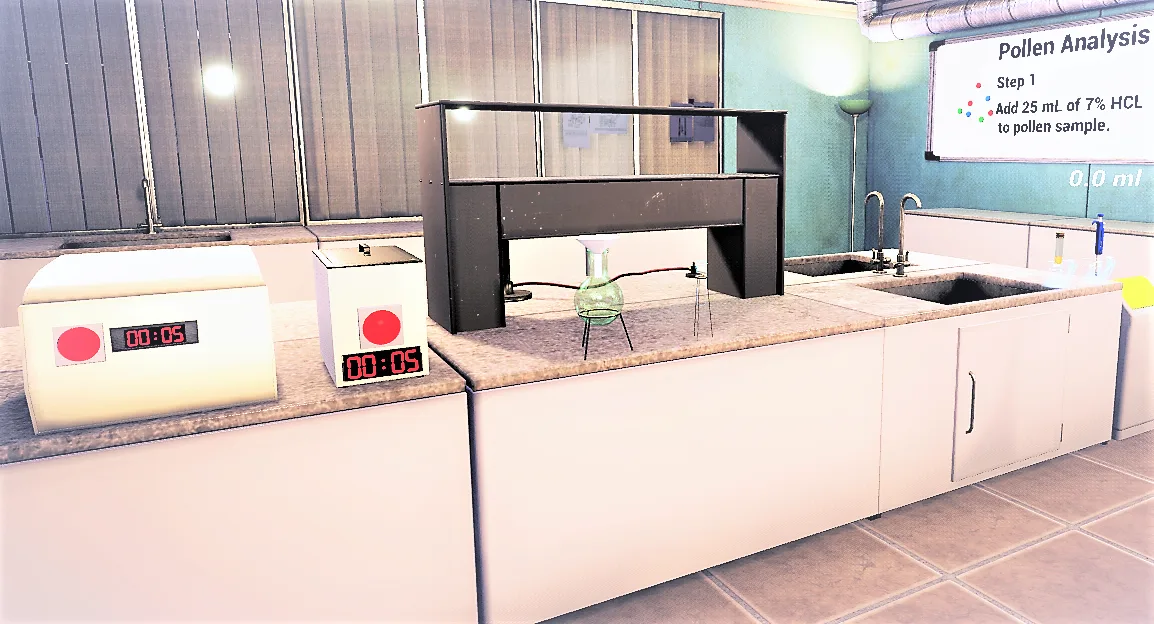 A virtual laboratory counter with equipment, cabinets and an instruction display.
