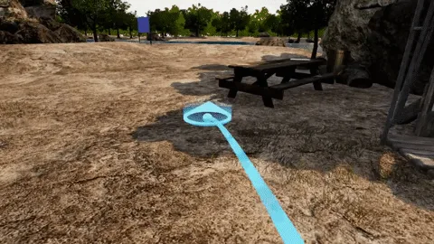 A blue pointer and destination marker indicate a position on the ground in a virtual field camp.